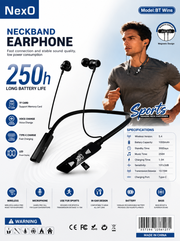 NexO BT Wins Neckband Earphone – 250H Long Battery Life, Magnetic Earbuds & Type-C Charging