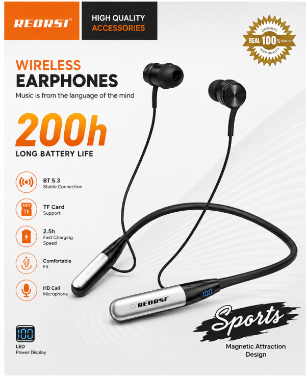 RECRSI RE-NY060 Wireless Neckband Earphones – 200H Long Battery