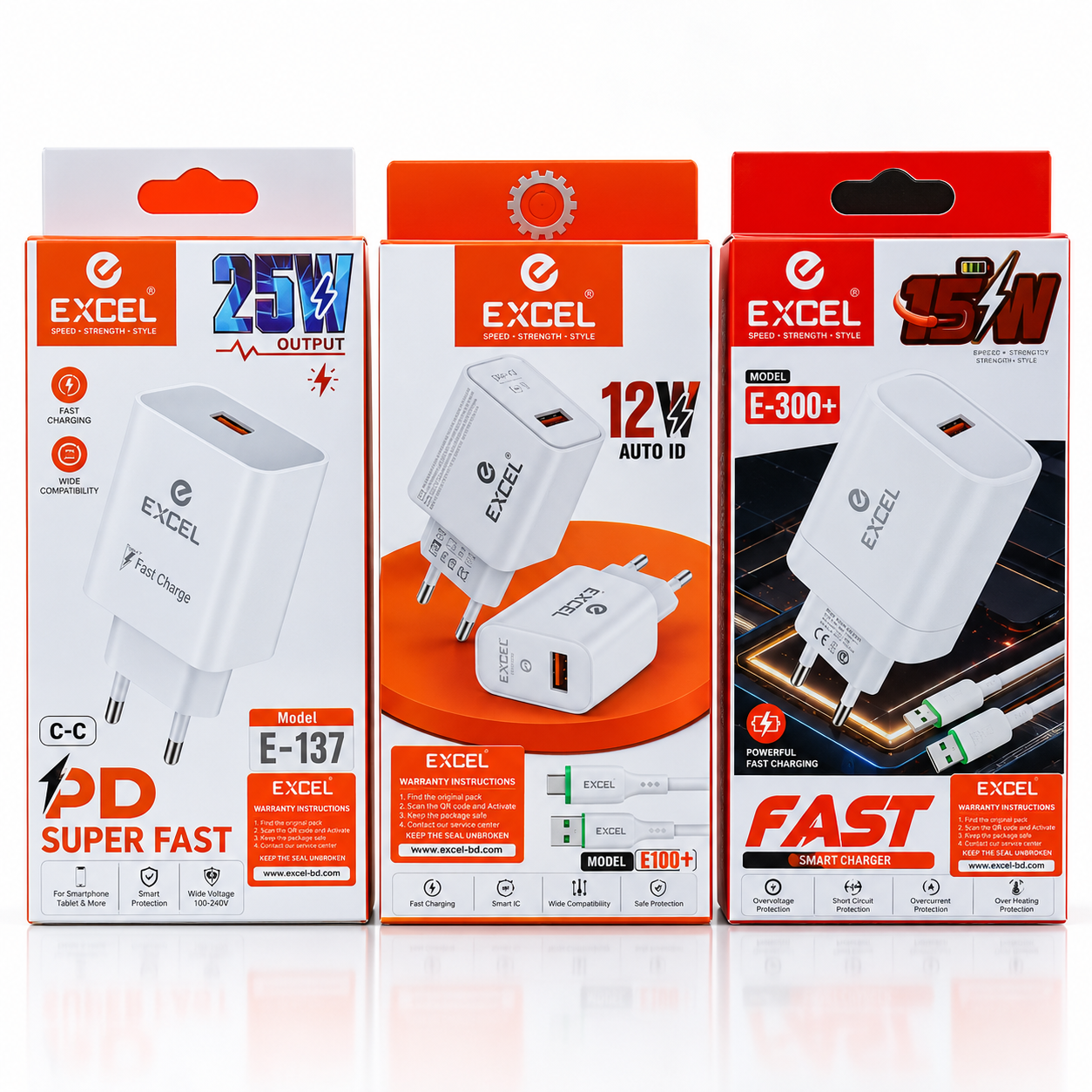 EXCEL Fast Charging Adapters – 25W, 12W,17W,15W Auto ID & E-300+